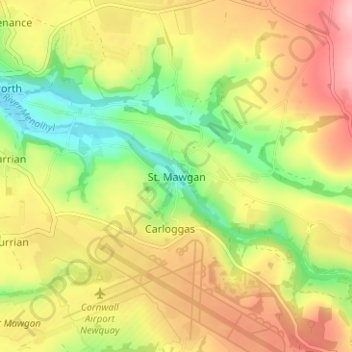 Mapa topográfico St. Mawgan, altitud, relieve