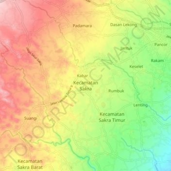 Mapa topográfico Kecamatan Sakra, altitud, relieve