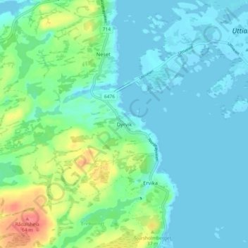 Mapa topográfico Dyrvik, altitud, relieve