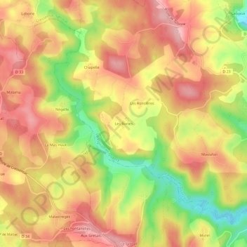 Mapa topográfico Les Bories, altitud, relieve