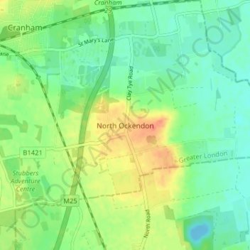 Mapa topográfico North Ockendon, altitud, relieve