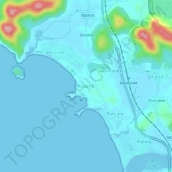 Mapa topográfico Kolamb, altitud, relieve