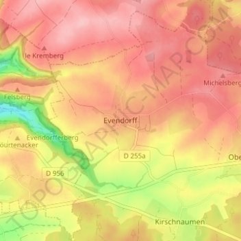Mapa topográfico Evendorff, altitud, relieve
