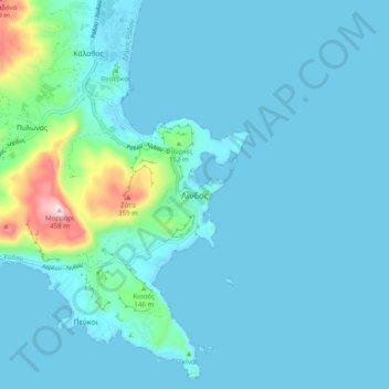 Mapa topográfico Lindos, altitud, relieve