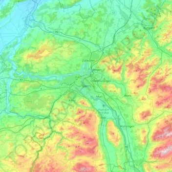 Mapa topográfico Berna, altitud, relieve