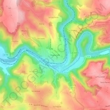 Mapa topográfico Mayounelle, altitud, relieve