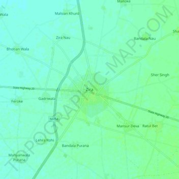 Mapa topográfico Zira, altitud, relieve