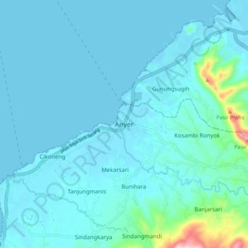 Mapa topográfico Anyer, altitud, relieve
