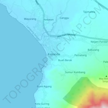 Mapa topográfico Kalianda, altitud, relieve