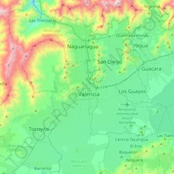 Mapa topográfico Valencia, altitud, relieve