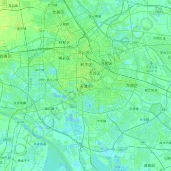 Mapa topográfico Tianjin, altitud, relieve