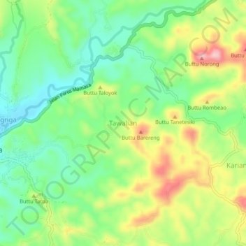 Mapa topográfico Tawalian, altitud, relieve