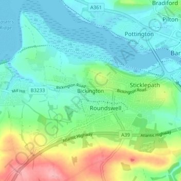 Mapa topográfico Bickington, altitud, relieve
