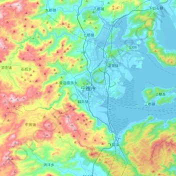 Mapa topográfico Ningde, altitud, relieve