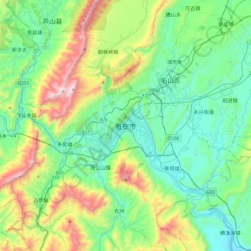 Mapa topográfico Ya'an, altitud, relieve