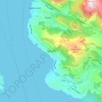 Mapa topográfico Morvik, altitud, relieve