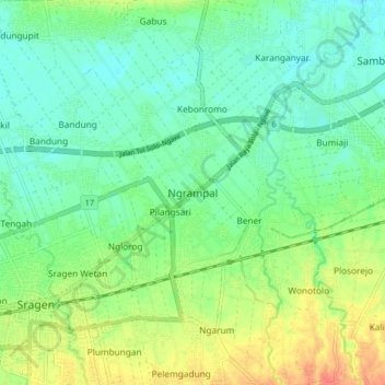 Mapa topográfico Ngrampal, altitud, relieve