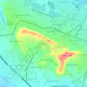 Mapa topográfico Kebomas, altitud, relieve