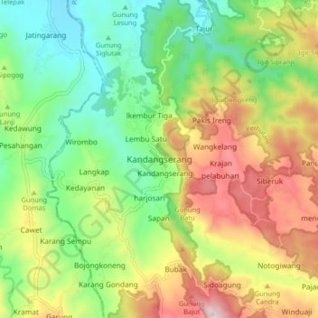 Mapa topográfico Kandangserang, altitud, relieve