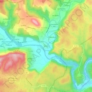 Mapa topográfico Pontier, altitud, relieve