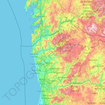 Mapa topográfico Minho, altitud, relieve