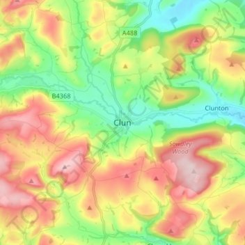Mapa topográfico Clun, altitud, relieve