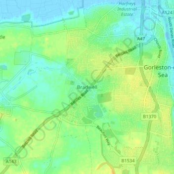 Mapa topográfico Bradwell, altitud, relieve