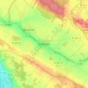 Mapa topográfico Dancourt, altitud, relieve