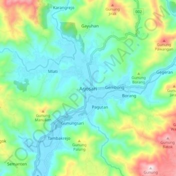 Mapa topográfico Arjosari, altitud, relieve