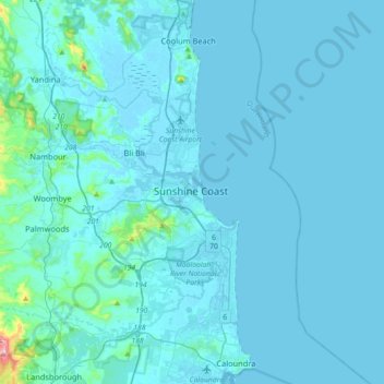 Mapa topográfico Maroochydore, altitud, relieve