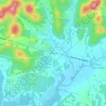 Mapa topográfico Johntown, altitud, relieve