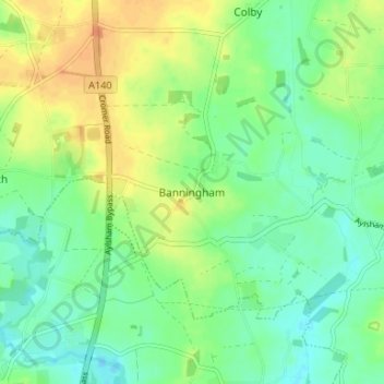 Mapa topográfico Banningham, altitud, relieve