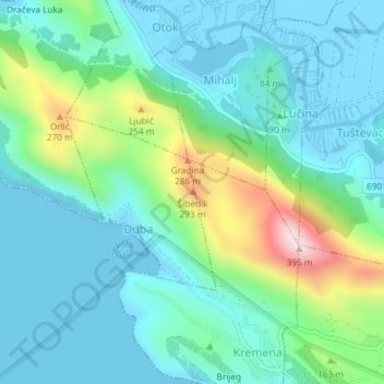 Mapa topográfico Šibenik, altitud, relieve