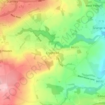 Mapa topográfico Craghead, altitud, relieve