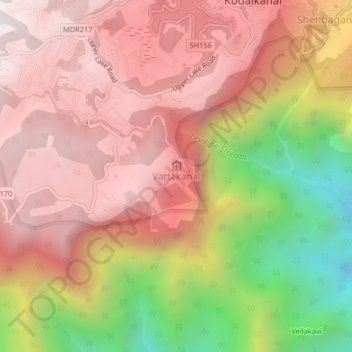 Mapa topográfico Vattakanal, altitud, relieve