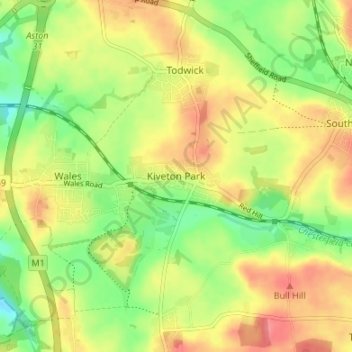 Mapa topográfico Kiveton Park, altitud, relieve