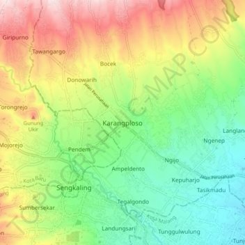 Mapa topográfico Karangploso, altitud, relieve