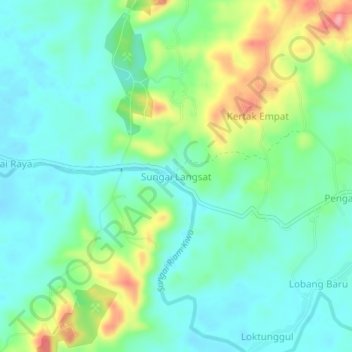 Mapa topográfico Sungai Langsat, altitud, relieve