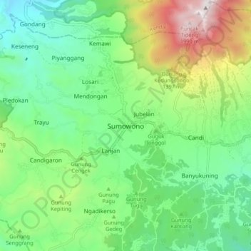 Mapa topográfico Sumowono, altitud, relieve