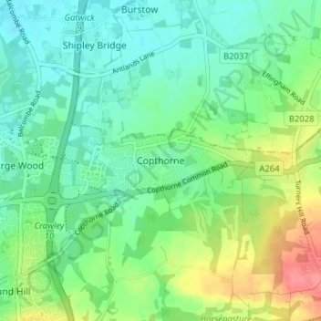 Mapa topográfico Copthorne, altitud, relieve