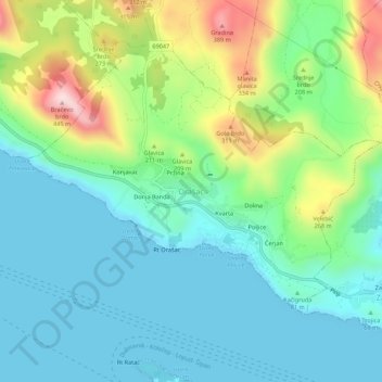 Mapa topográfico Orašac, altitud, relieve