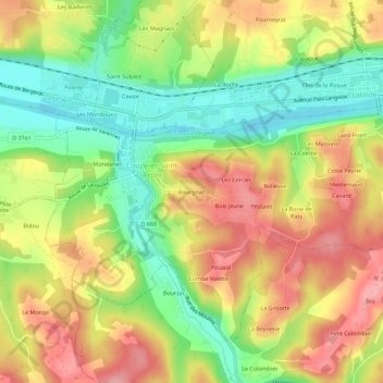Mapa topográfico Bourgnac, altitud, relieve
