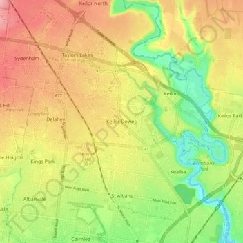 Mapa topográfico Keilor Downs, altitud, relieve