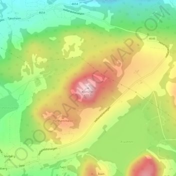 Mapa topográfico Kjortåsen, altitud, relieve