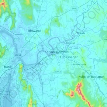 Mapa topográfico Kalyan-Dombivli, altitud, relieve