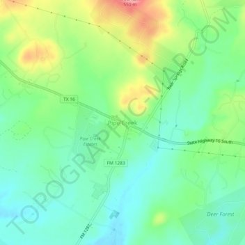 Mapa topográfico Pipe Creek, altitud, relieve