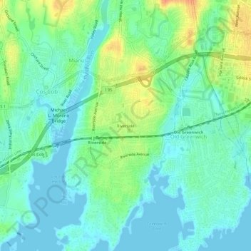Mapa topográfico Riverside, altitud, relieve