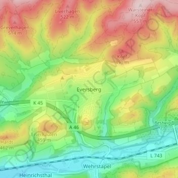 Mapa topográfico Eversberg, altitud, relieve