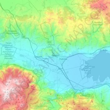 Mapa topográfico Lamia, altitud, relieve