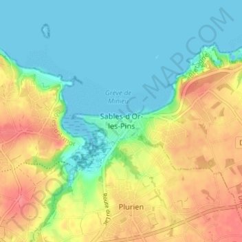 Mapa topográfico Sables-d'Or-les-Pins, altitud, relieve